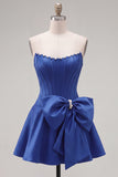 Peach Pink Corset Satin A-Line Short Homecoming Dress with Bow
