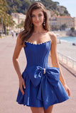 Peach Pink Corset Satin A-Line Short Homecoming Dress with Bow