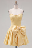 Peach Pink Corset Satin A-Line Short Homecoming Dress with Bow