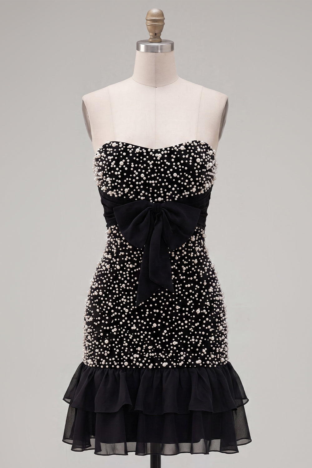 Sparkly Black Beaded Ruffled Tight Short Homecoming Dress with Bow