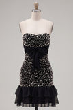 Sparkly Black Beaded Ruffled Tight Short Homecoming Dress with Bow