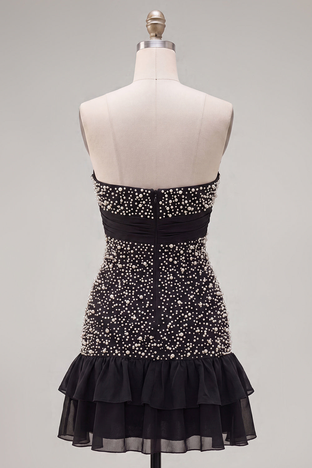 Sparkly Black Beaded Ruffled Tight Short Homecoming Dress with Bow