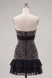 Sparkly Black Beaded Ruffled Tight Short Homecoming Dress with Bow