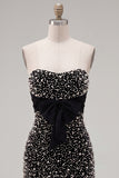 Sparkly Black Beaded Ruffled Tight Short Homecoming Dress with Bow
