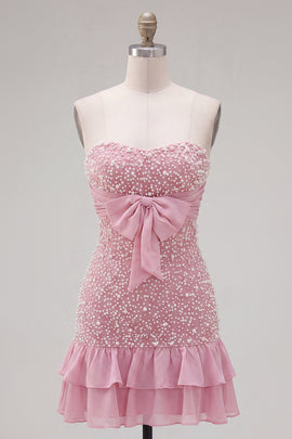 Sparkly Pink Beaded Ruffled Tight Short Homecoming Dress with Bow