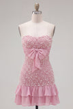 Sparkly Pink Beaded Ruffled Tight Short Homecoming Dress with Bow