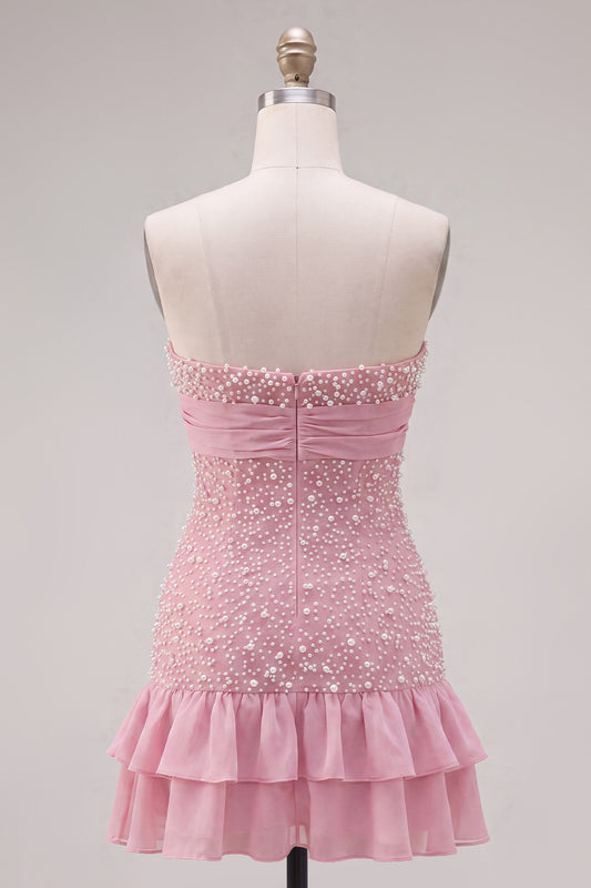 Sparkly Pink Beaded Ruffled Tight Short Homecoming Dress with Bow
