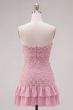 Sparkly Pink Beaded Ruffled Tight Short Homecoming Dress with Bow