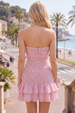 Sparkly Pink Beaded Ruffled Tight Short Homecoming Dress with Bow