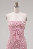 Sparkly Pink Beaded Ruffled Tight Short Homecoming Dress with Bow