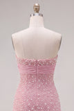 Sparkly Pink Beaded Ruffled Tight Short Homecoming Dress with Bow