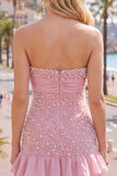 Sparkly Pink Beaded Ruffled Tight Short Homecoming Dress with Bow
