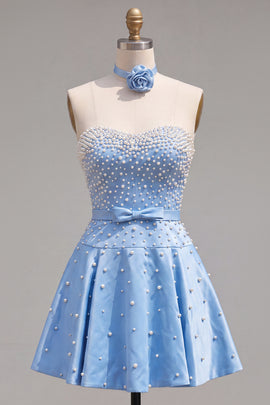 Sparkly Blue Satin Beaded Sweetheart Short Homecoming Dress with 3D Flower