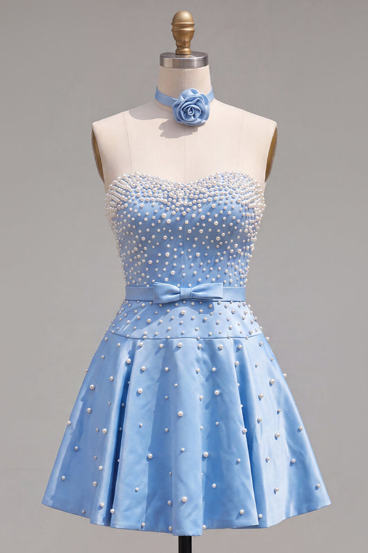 Sparkly Blue Satin Beaded Sweetheart Short Homecoming Dress with 3D Flower