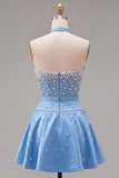 Sparkly Blue Satin Beaded Sweetheart Short Homecoming Dress with 3D Flower