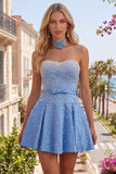 Sparkly Blue Satin Beaded Sweetheart Short Homecoming Dress with 3D Flower