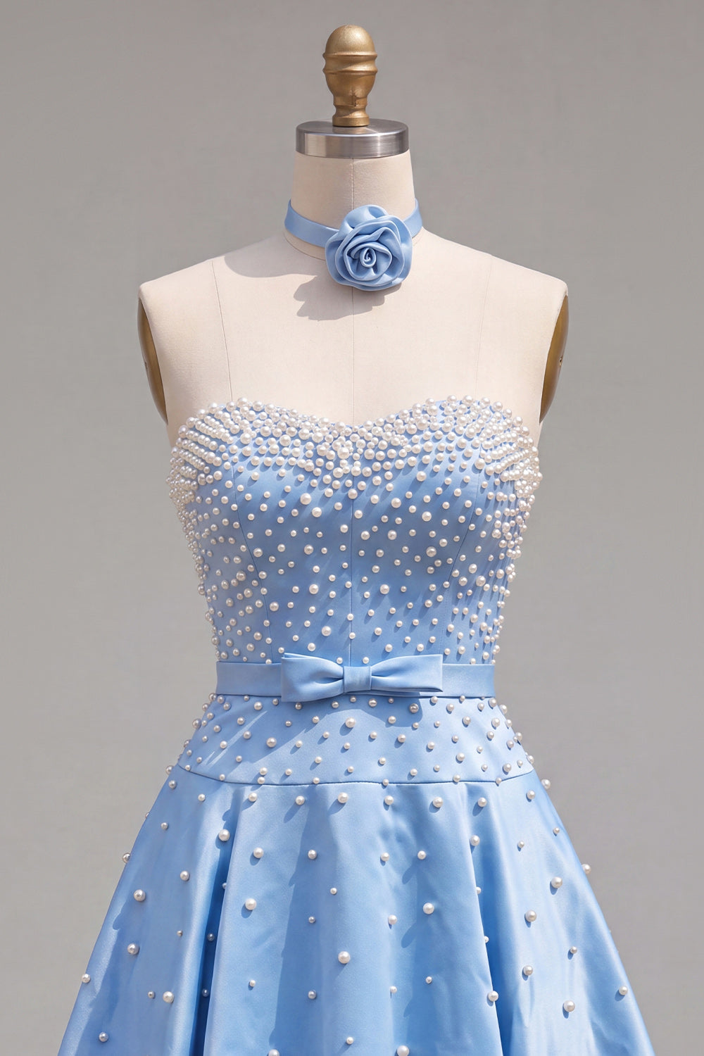 Sparkly Blue Satin Beaded Sweetheart Short Homecoming Dress with 3D Flower