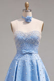 Sparkly Blue Satin Beaded Sweetheart Short Homecoming Dress with 3D Flower
