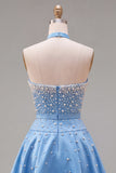 Sparkly Blue Satin Beaded Sweetheart Short Homecoming Dress with 3D Flower
