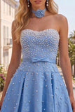 Sparkly Blue Satin Beaded Sweetheart Short Homecoming Dress with 3D Flower