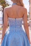 Sparkly Blue Satin Beaded Sweetheart Short Homecoming Dress with 3D Flower