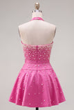 Sparkly Blue Satin Beaded Sweetheart Short Homecoming Dress with 3D Flower