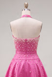 Sparkly Blue Satin Beaded Sweetheart Short Homecoming Dress with 3D Flower