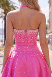 Sparkly Blue Satin Beaded Sweetheart Short Homecoming Dress with 3D Flower