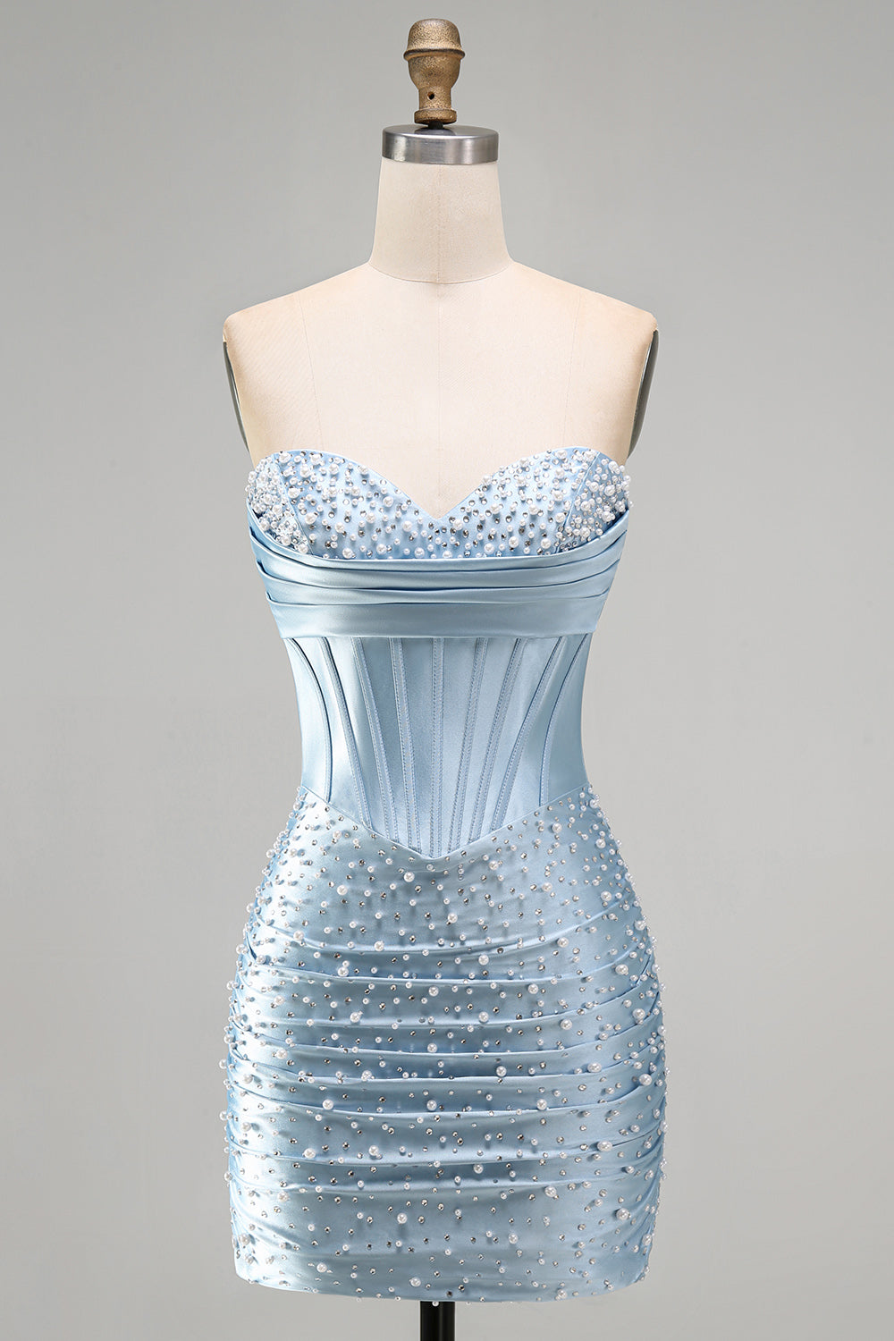Grey Blue Satin Tight Ruched Short Corset Pearl Homecoming Dress with Beading