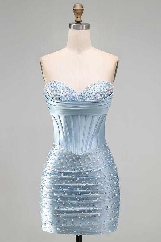 Grey Blue Satin Tight Ruched Short Corset Pearl Homecoming Dress with Beading