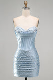 Grey Blue Satin Tight Ruched Short Corset Pearl Homecoming Dress with Beading