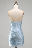 Grey Blue Satin Tight Ruched Short Corset Pearl Homecoming Dress with Beading