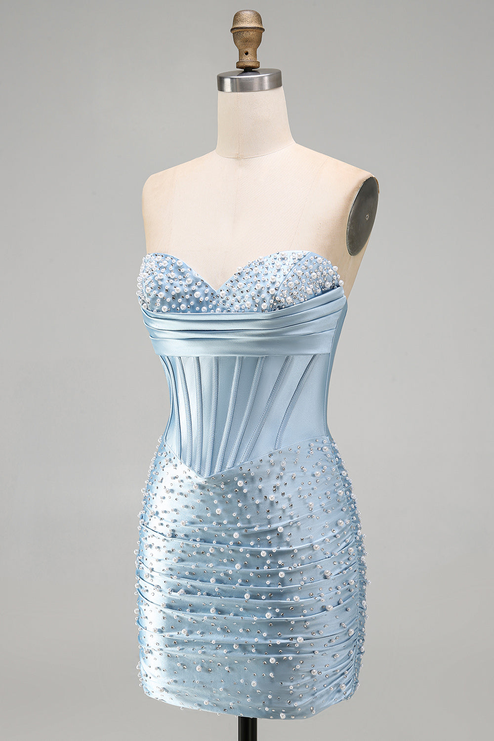 Grey Blue Satin Tight Ruched Short Corset Pearl Homecoming Dress with Beading