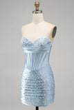 Grey Blue Satin Tight Ruched Short Corset Pearl Homecoming Dress with Beading