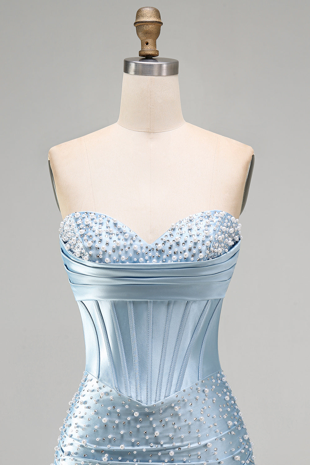 Grey Blue Satin Tight Ruched Short Corset Pearl Homecoming Dress with Beading
