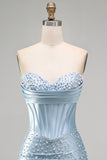 Grey Blue Satin Tight Ruched Short Corset Pearl Homecoming Dress with Beading