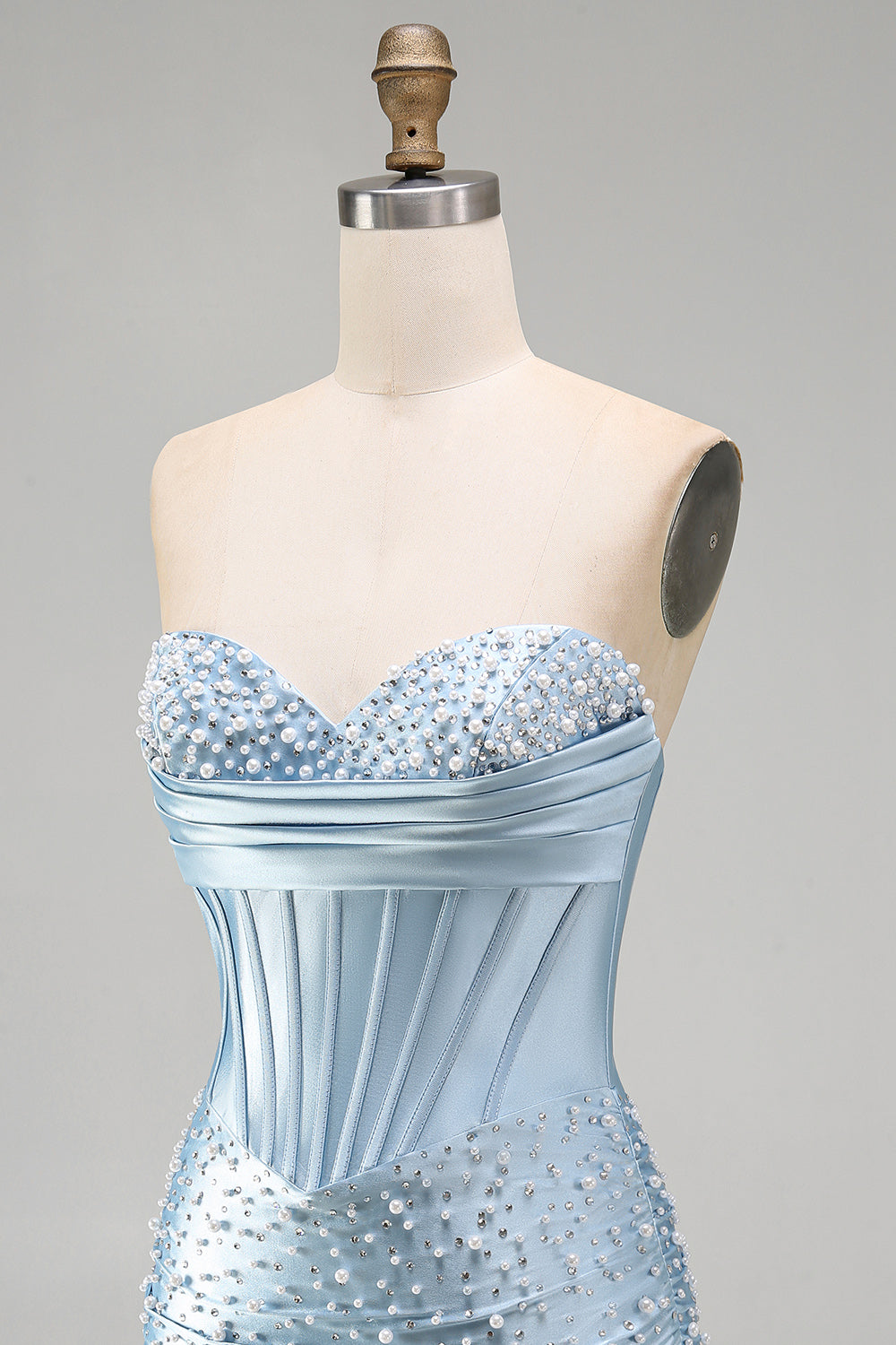 Grey Blue Satin Tight Ruched Short Corset Pearl Homecoming Dress with Beading