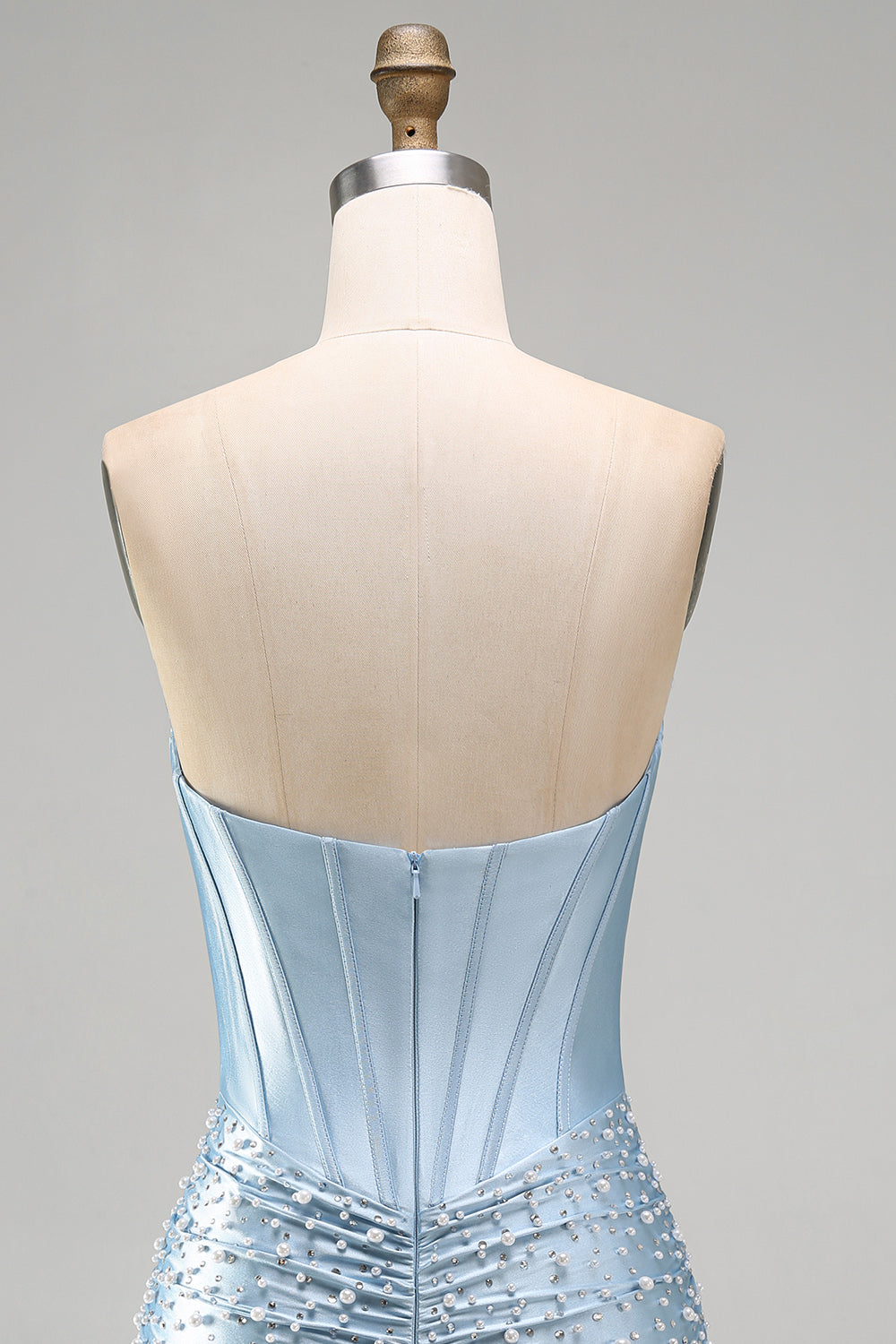 Grey Blue Satin Tight Ruched Short Corset Pearl Homecoming Dress with Beading