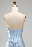 Grey Blue Satin Tight Ruched Short Corset Pearl Homecoming Dress with Beading