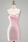 Sparkly Pink Corset Tight Sweetheart Short Pearl Homecoming Dress with Rhinestone