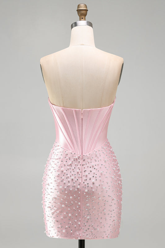 Sparkly Pink Corset Tight Sweetheart Short Pearl Homecoming Dress with Rhinestone