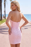 Sparkly Pink Corset Tight Sweetheart Short Pearl Homecoming Dress with Rhinestone