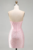 Sparkly Pink Corset Tight Sweetheart Short Pearl Homecoming Dress with Rhinestone