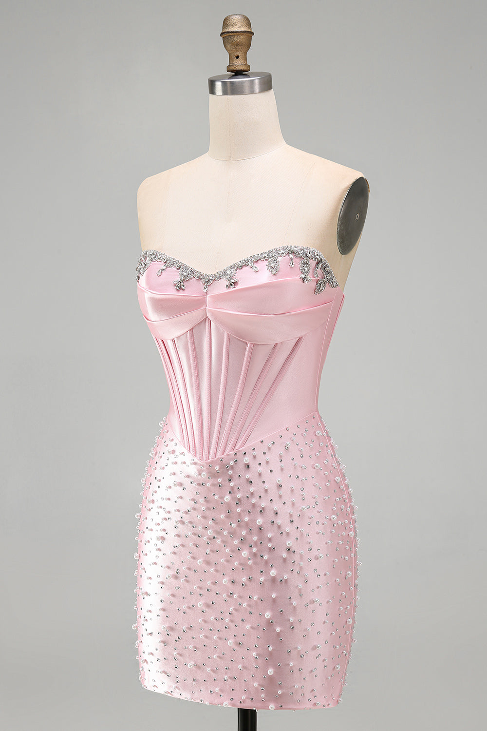Sparkly Pink Corset Tight Sweetheart Short Pearl Homecoming Dress with Rhinestone