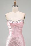 Sparkly Pink Corset Tight Sweetheart Short Pearl Homecoming Dress with Rhinestone