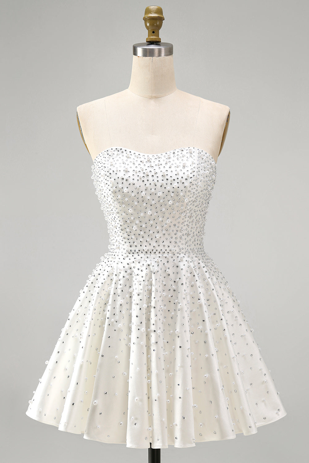 Sparkly White Sweetheart Beaded Short A-Line Homecoming Dress with Pearls
