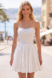 Sparkly White Sweetheart Beaded Short A-Line Homecoming Dress with Pearls