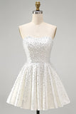 Sparkly White Sweetheart Beaded Short A-Line Homecoming Dress with Pearls