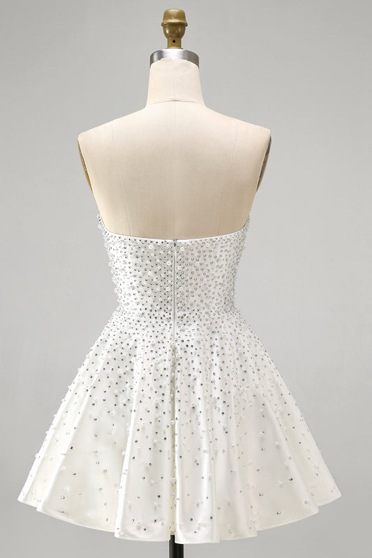 Sparkly White Sweetheart Beaded Short A-Line Homecoming Dress with Pearls