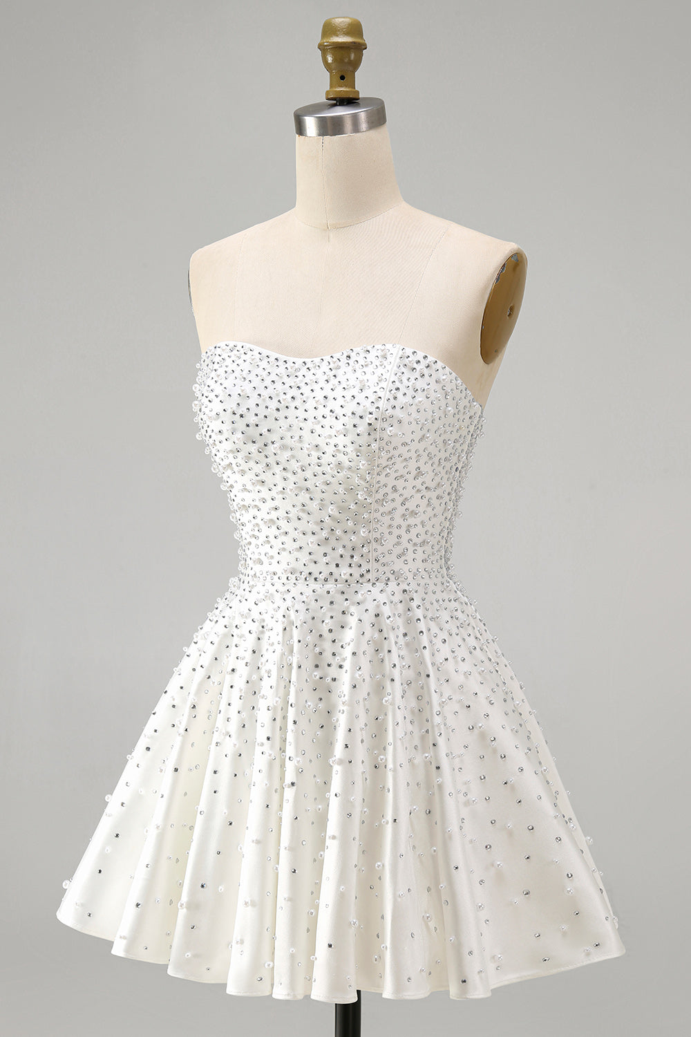Sparkly White Sweetheart Beaded Short A-Line Homecoming Dress with Pearls